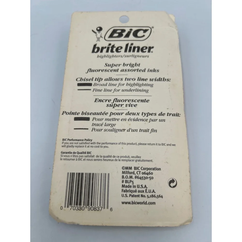 Vintage BIC Brite‎ Liner Highlighters 5 Pack Plus Free Pen New 1991 Made in USA